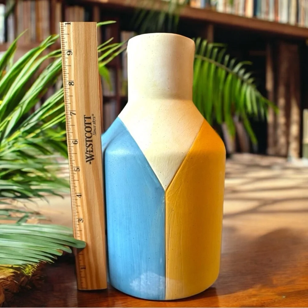 COCOLORIST Ceramic Vase w/ Handles Blue Yellow Cream - Handmade
